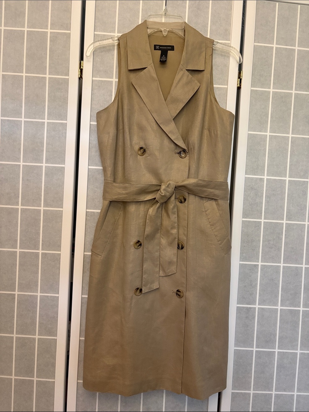 INC International Concepts Sleeveless Double-Breasted Belted Dress in Khak